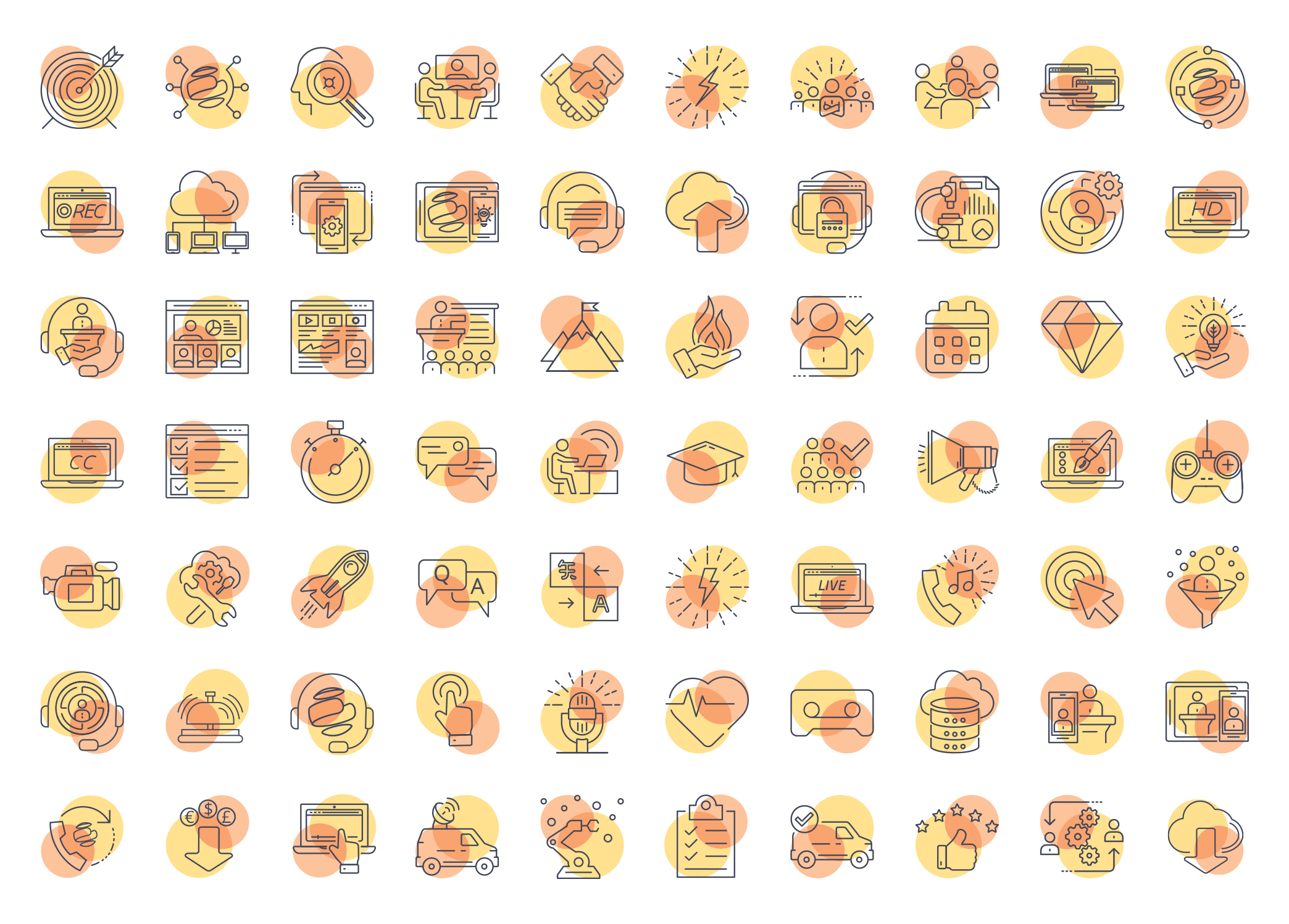 A large grid of colorful PGi line icons, each in a consistent orange-and-yellow style, representing collaboration, analytics, devices, support, and other concepts for sales, marketing, and corporate communications materials.